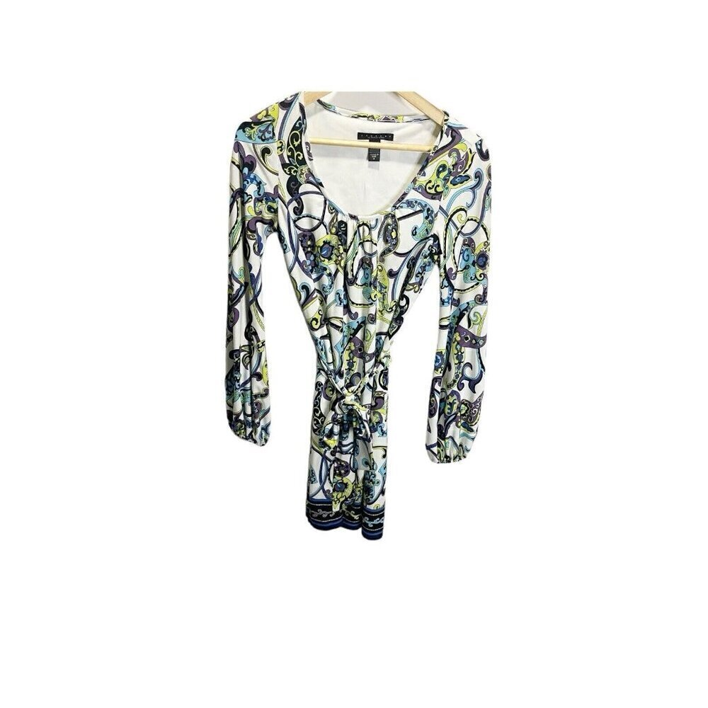Laundry Shelli Segal SHIFT DRESS Retro Blue Purple Psychedelic Boho 4 Tie Waist